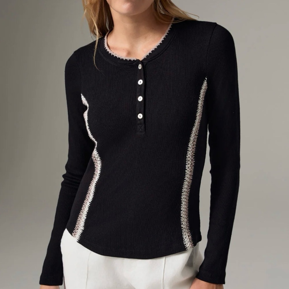Alp N Rock Black Long Sleeve Henley with White Crochet Trim